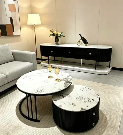 Modern black-and-white marble nesting coffee tables with media console set