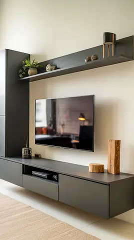Modern wall-mounted TV entertainment unit with shelf - dark grey