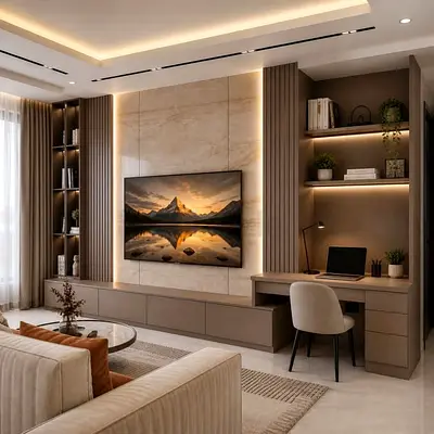 Modern built-in entertainment center with desk and shelving - beige finish