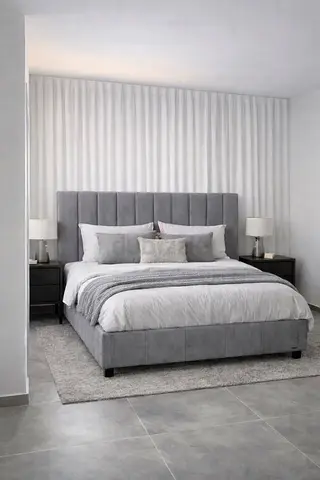 Grey upholstered King size bed with headboard