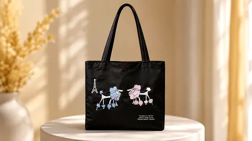 Black Satin Tote Bag with Cute Poodle Embroidery - Spacious Everyday Bag