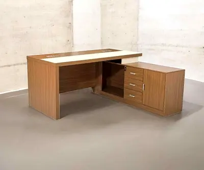 Used L-shaped Wooden Office Desk with Storage Cabinet