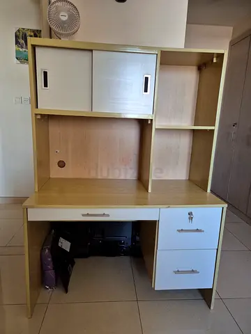 Used wooden study desk with hutch and drawers - light oak/white