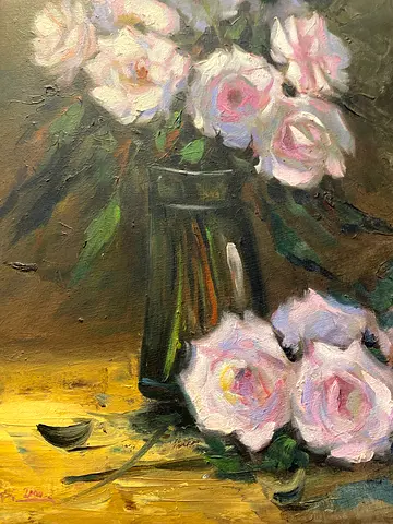Original Oil Painting of Pink Roses in Ornate Gilt Frame
