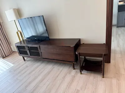 Wood TV cabinet with matching 2 side tables - good condition
