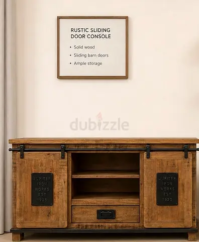 Rustic Wooden Sliding Door Console TV Unit - Solid Wood