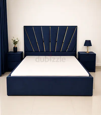 New Navy Velvet Double Bed Frame with Headboard and Two Nightstands