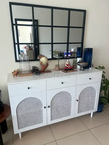 White Sideboard with Rattan Inlay and Black Framed Mirror Set