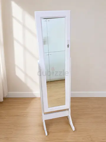 White Standing Jewelry Armoire with Full Length Mirror