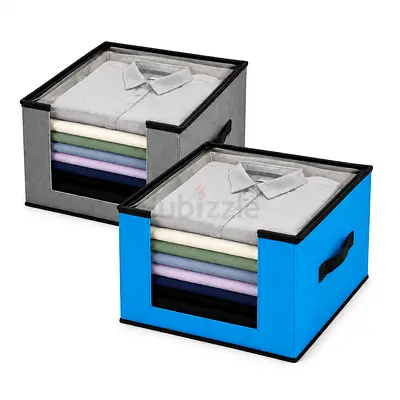 Foldable Clothes Storage Boxes with Clear Window (Blue & Grey)