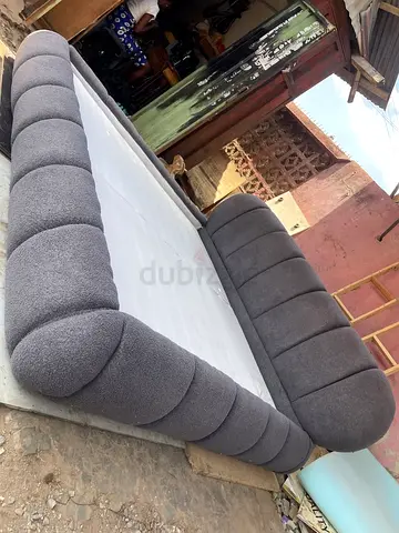 Modern Grey Upholstered Bed Frame with Ribbed Design