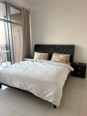 Queen upholstered bed with headboard and 2 bedside table - with mattress - pristine condition