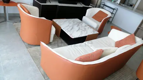 Modern 5-seater leather and fabric lounge seating set with marble coffee table