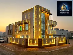 Modern corner villa with 5 bedrooms, pool, and roof terrace in Al-Haliyo 2 area. Includes water and 
