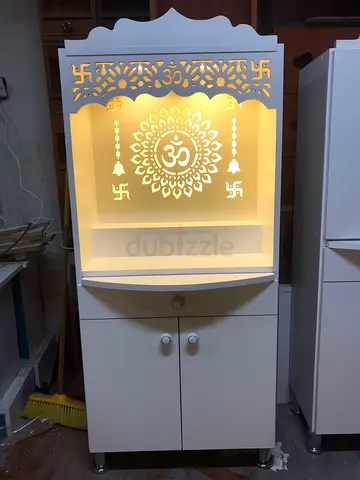 Wooden Home Puja Mandir Cabinet with Drawer and LED Light