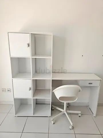 White modular desk with shelving unit and swivel chair - good condition