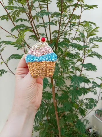 Handmade Beaded Cupcake Brooch / Pin - Cute Embellished Accessory