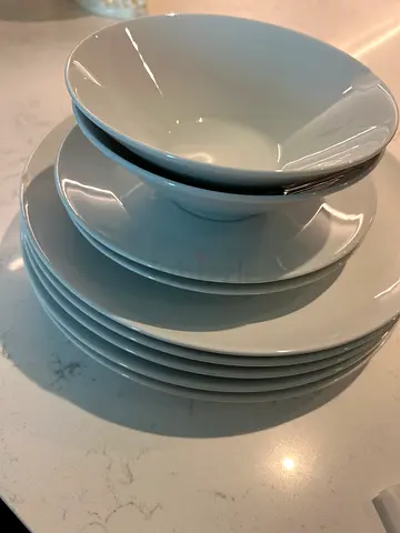 Set of white ceramic plates and bowls - good condition