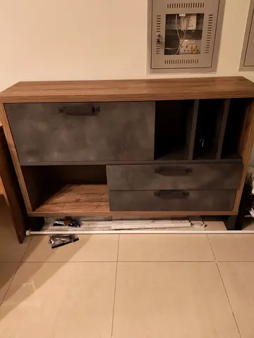 Compact wooden console cabinet with grey drawers - excellent condition