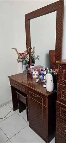 Wooden dressing table with large mirror and storage cabinet