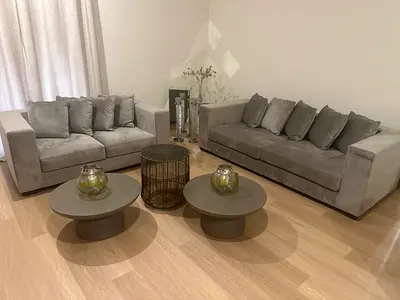 Pair of taupe  Velvet 3-Seater Sofas with Cushions - immaculate quality 3 coffee tables