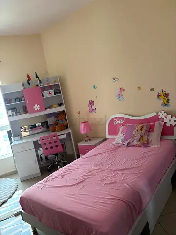 Barbie kids bed with wardrobe and study table with chair