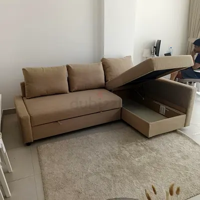 Beige L-Shaped Sofa Bed with Integrated Storage