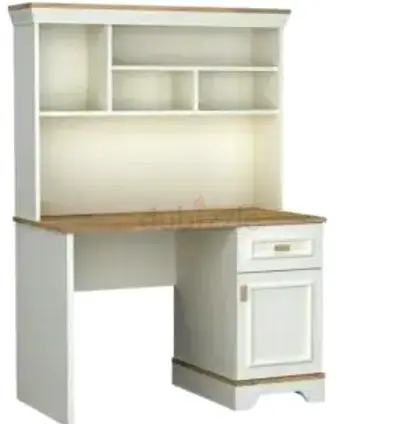 White wooden study desk with hutch and storage cabinet