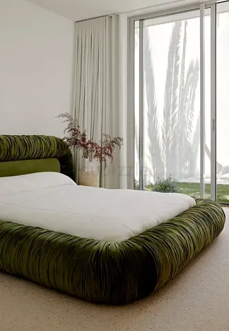 Modern Olive Green Pleated Velvet Bed Frame