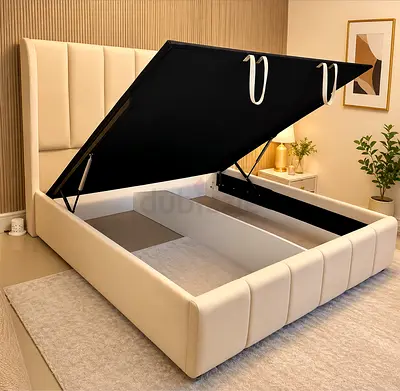 New King Size hydraulic storage bed with lift-up Ottoman base in beige upholstery