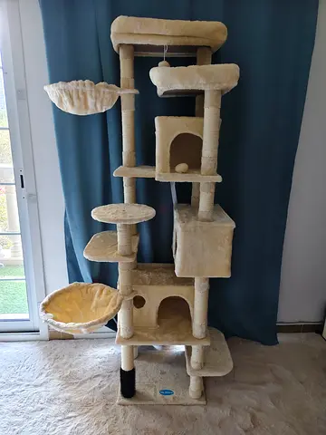 Tall multi-level beige cat tree with hammocks and hideaways - brand new