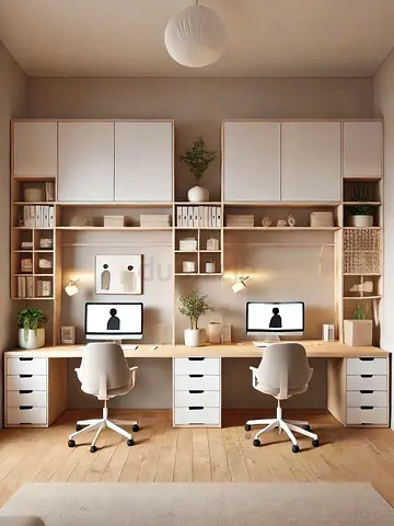 double home office workspace with storage cabinets and desks