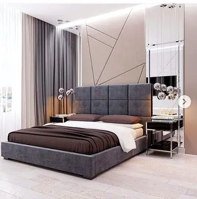 Modern Upholstered King Bed with Padded Headboard - Grey