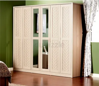 Large 4-Door Wooden Wardrobe with Mirrored Centre Panels - Light Oak