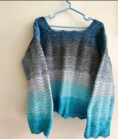 Handmade gradient crochet sweater - size M, blue to grey ombré