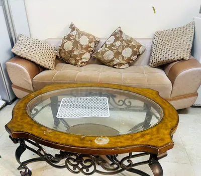Elegant Classic 3-Seater Sofa with Ornate Glass-Top Coffee Table