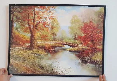 Framed Autumn Landscape Painting - River and Bridge