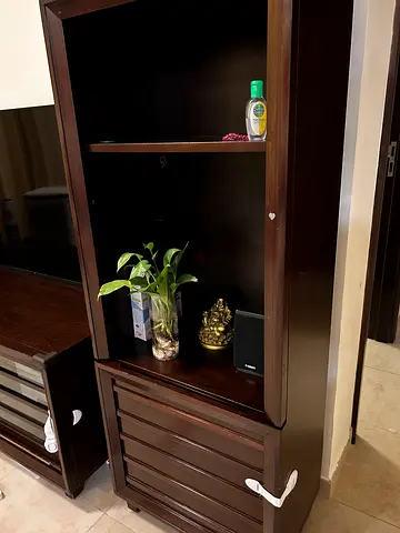 Dark Wood Cabinet with Shelves and Drawers