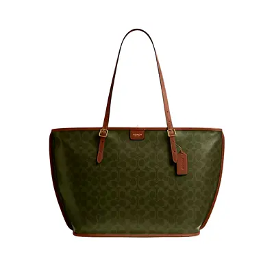 Coach Green Canvas Tote Bag with Leather Trim