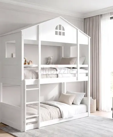 White Kids Bunk Bed House Frame - Twin over Twin, Solid Wood
