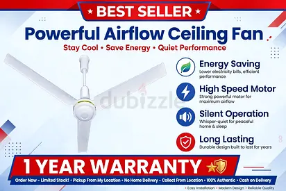 3-Blade White Ceiling Fan - Powerful Airflow, Silent Operation, 1 Year Warranty