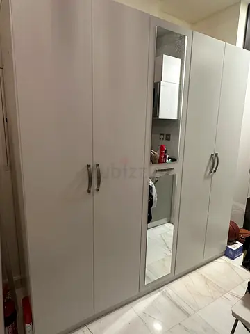 White 5-Door Wardrobe with Mirror - Good Condition