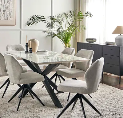 Marble top dining table with 4 upholstered swivel chairs - modern set