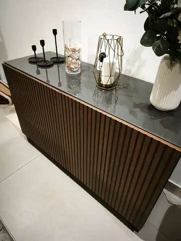 Wooden Slatted Sideboard / Console Table with Glass Top