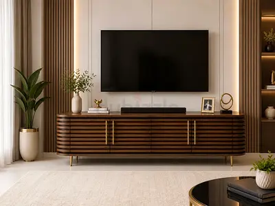 Wooden modern TV entertainment unit with slatted doors - good condition