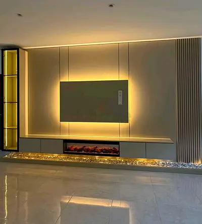Modern built-in TV wall unit with LED backlighting and electric fireplace