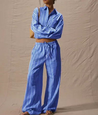 Blue Striped Two-Piece Lounge Set - Shirt and Wide Leg Pants