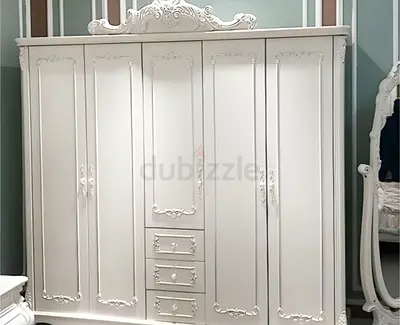 Large White Ornate 5-Door Wardrobe with Drawers - Classic Design