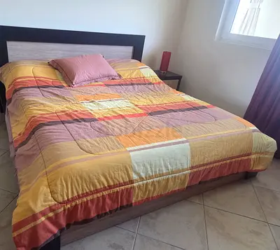 King Size Wood Bed (180 x 200 cm) with Mattress, Side Table, 3 Cushions & Cover