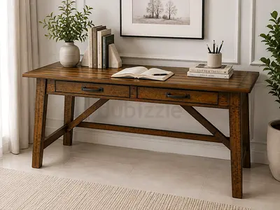 Solid Wood Writing Desk with Two Drawers - Rustic Brown